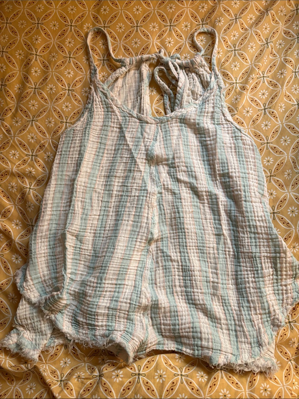 Urban Outfitters White and Light Blue Striped Gauze Tie-Back Cami